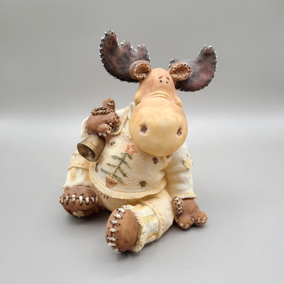 Christmas Moose Figurine, Cream & Brown Wearing Christmas Sweater, Holding Bell - Picture 1 of 7